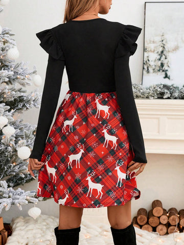 Christmas Round Neck Ruffle Hem A-Line Plaid Color Block Holiday Dress, Casual Elegant Short Shift Dress For Women In Autumn/Winter