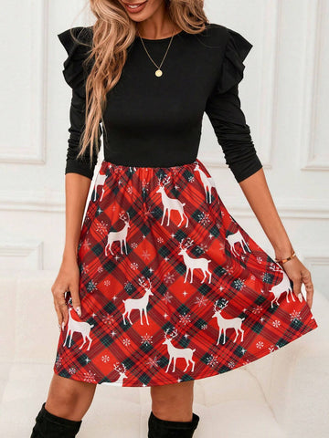 Christmas Round Neck Ruffle Hem A-Line Plaid Color Block Holiday Dress, Casual Elegant Short Shift Dress For Women In Autumn/Winter