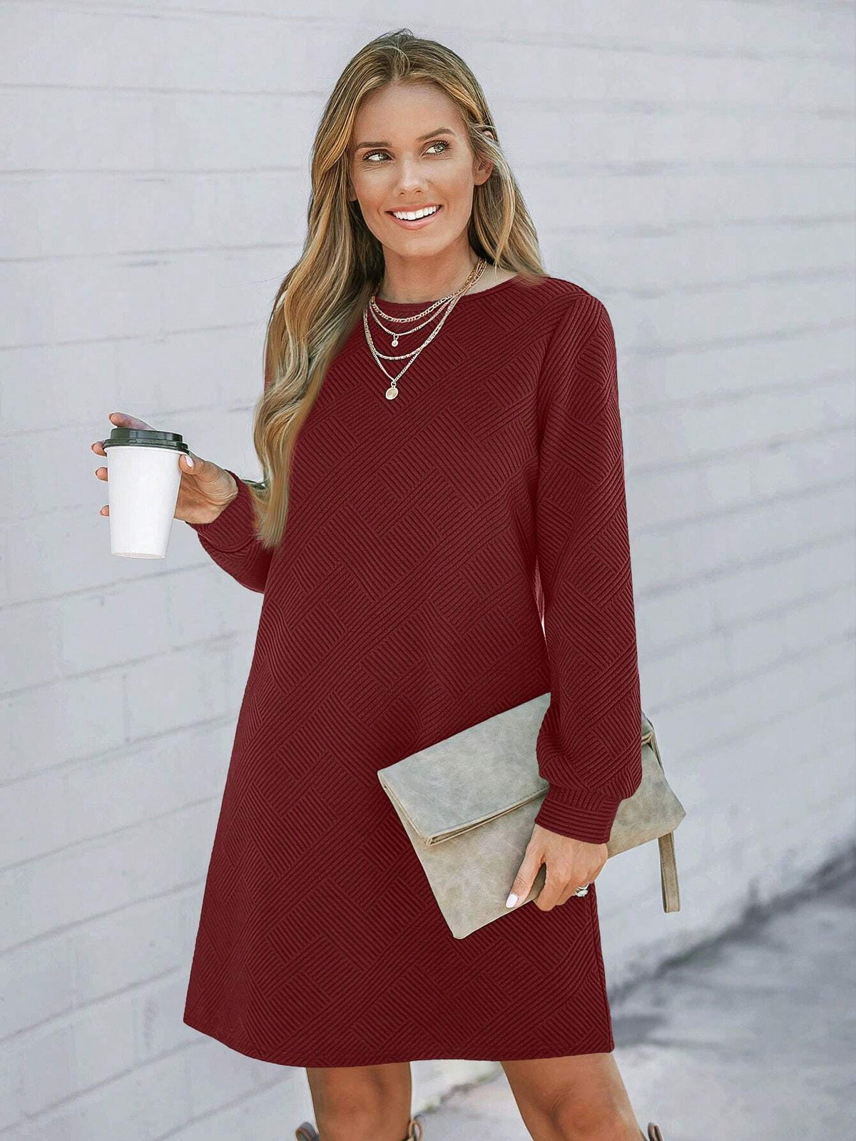 Christmas Textured Fabric Women Long Sleeve Crew Neck Casual Dress, Autumn/Winter