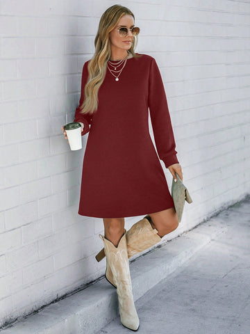 Christmas Textured Fabric Women Long Sleeve Crew Neck Casual Dress, Autumn/Winter