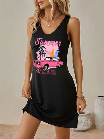 Coconut Tree & Car & Letter Printed Beach & Holiday & Vacation Dress For Women