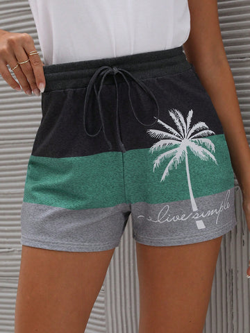 LUNE Coconut Tree & Letter Graphic Colorblock Drawstring Waist Shorts