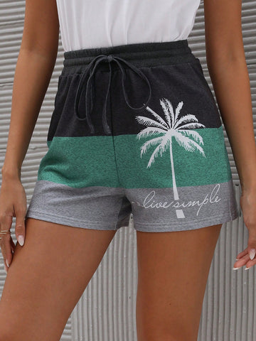 LUNE Coconut Tree & Letter Graphic Colorblock Drawstring Waist Shorts
