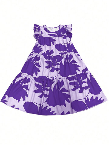 Color-Block Full Print Summer Round Neckline Casual Dress