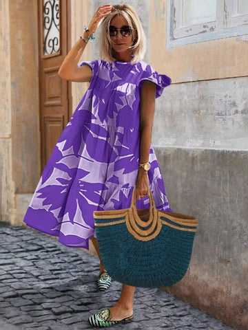 Color-Block Full Print Summer Round Neckline Casual Dress