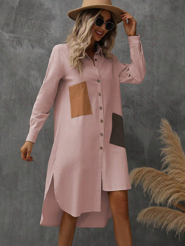 Color-Block Pocket Button-Up Long Sleeve Shirt Dress With Side Slit, Perfect For Vacation And Leisure Time