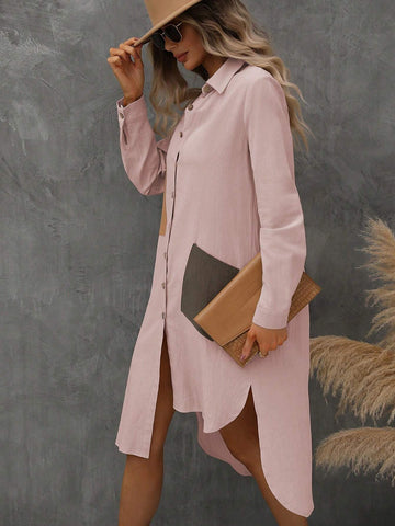 Color-Block Pocket Button-Up Long Sleeve Shirt Dress With Side Slit, Perfect For Vacation And Leisure Time