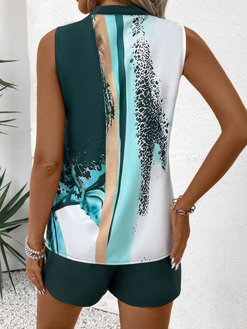 Color-Block Print Vacation Sleeveless Vest And Shorts Set With Notched Neckline, Casual