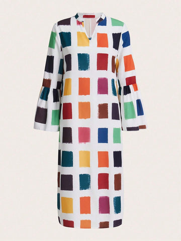 Color-Block Square Print Notch Collar Dress With Flared Sleeves