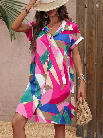 Color Block Button Down Batwing Sleeve Casual Dress