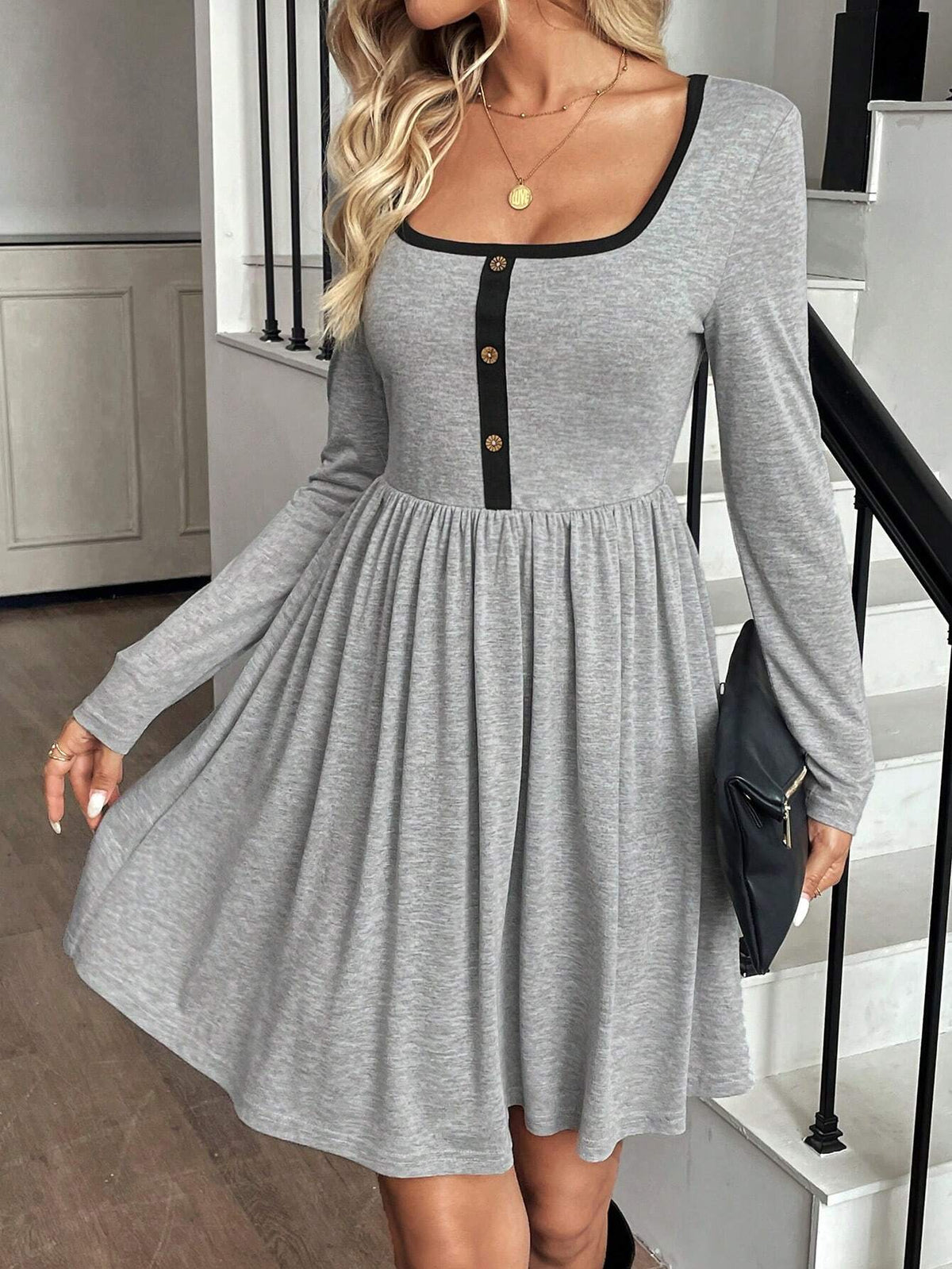 Color Block Square Neck Women Short Casual Dress With Long Sleeves, Autumn