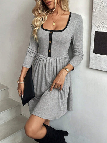Color Block Square Neck Women Short Casual Dress With Long Sleeves, Autumn
