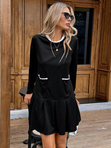 Color Block Trim Round Neck Pocket Office Ladies Pleated Short Dress