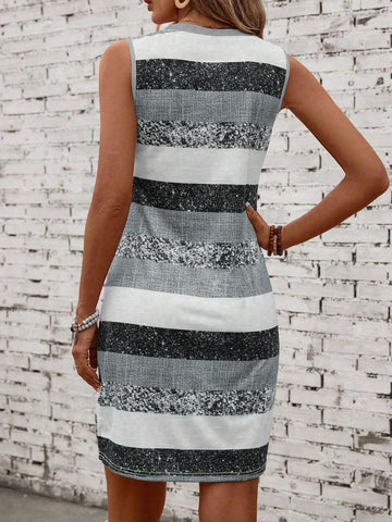 Colorblock Striped Sleeveless Casual Dress, Floral Print Random