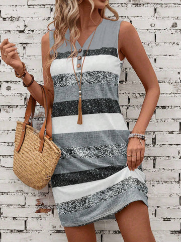 Colorblock Striped Sleeveless Casual Dress, Floral Print Random