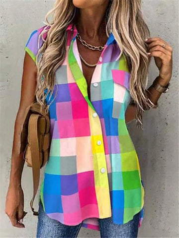 LUNE Colorful Checkered Printing Turn-Down Collar Drop-Shoulder Shirt With Big Pocket