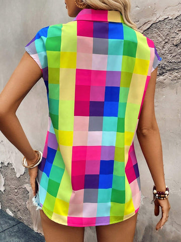 LUNE Colorful Checkered Printing Turn-Down Collar Drop-Shoulder Shirt With Big Pocket