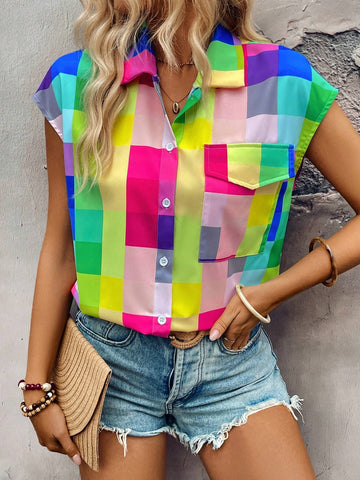LUNE Colorful Checkered Printing Turn-Down Collar Drop-Shoulder Shirt With Big Pocket