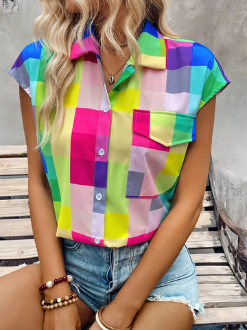 LUNE Colorful Checkered Printing Turn-Down Collar Drop-Shoulder Shirt With Big Pocket