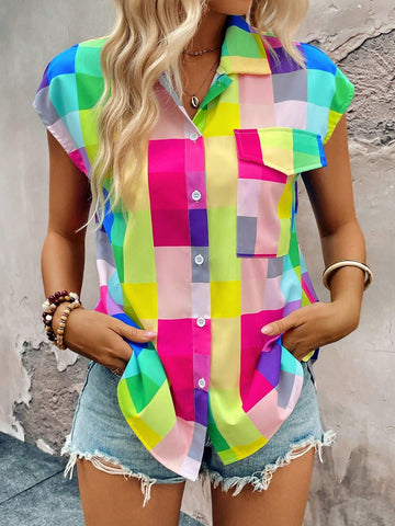 LUNE Colorful Checkered Printing Turn-Down Collar Drop-Shoulder Shirt With Big Pocket