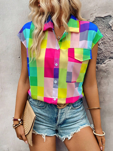 LUNE Colorful Checkered Printing Turn-Down Collar Drop-Shoulder Shirt With Big Pocket