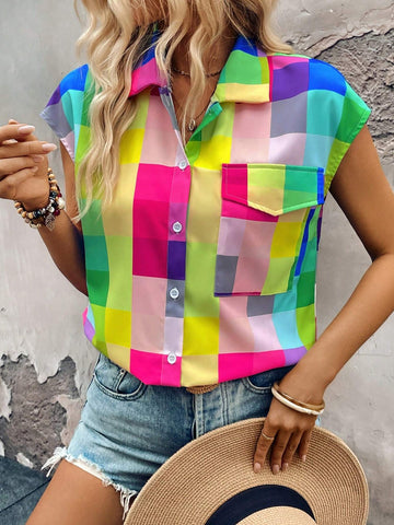 LUNE Colorful Checkered Printing Turn-Down Collar Drop-Shoulder Shirt With Big Pocket