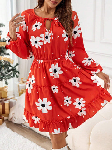 Colorful Flower Prints Midi Dresses,Suitable For Christmas
