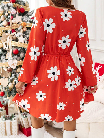 Colorful Flower Prints Midi Dresses,Suitable For Christmas