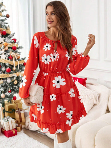 Colorful Flower Prints Midi Dresses,Suitable For Christmas