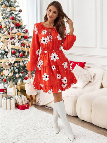 Colorful Flower Prints Midi Dresses,Suitable For Christmas