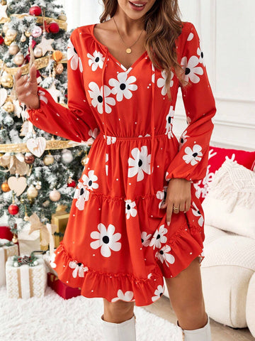 Colorful Flower Prints Midi Dresses,Suitable For Christmas