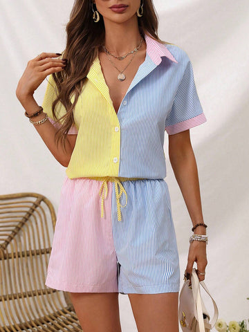 Colorful Striped Shirt And Shorts Casual Sports Two-Piece Set