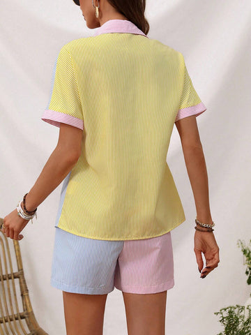 Colorful Striped Shirt And Shorts Casual Sports Two-Piece Set