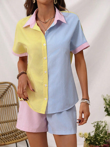 Colorful Striped Shirt And Shorts Casual Sports Two-Piece Set