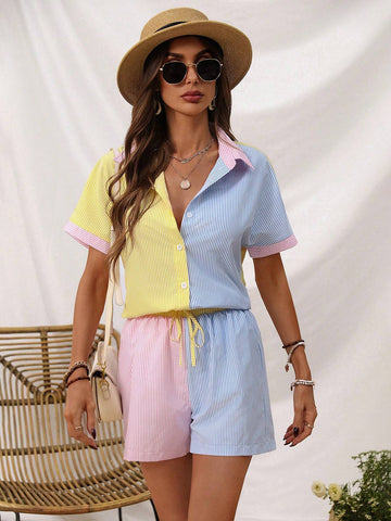 Colorful Striped Shirt And Shorts Casual Sports Two-Piece Set