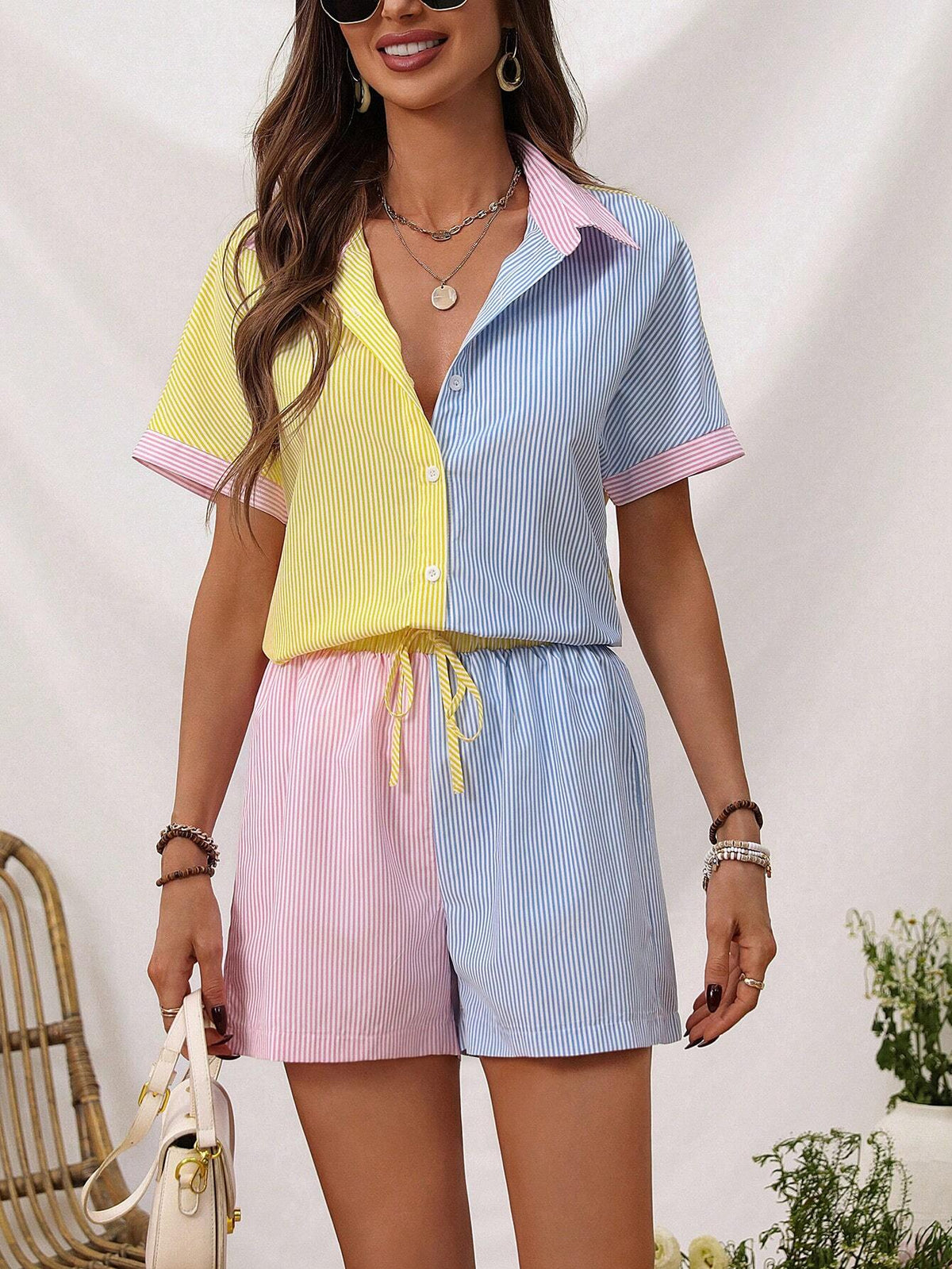 Colorful Striped Shirt And Shorts Casual Sports Two-Piece Set