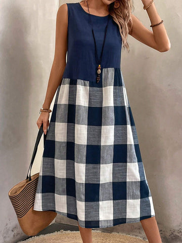 Comfortable Sleeveless Cotton & Linen Grid Artistic Vintage Style Patchwork Casual Dress