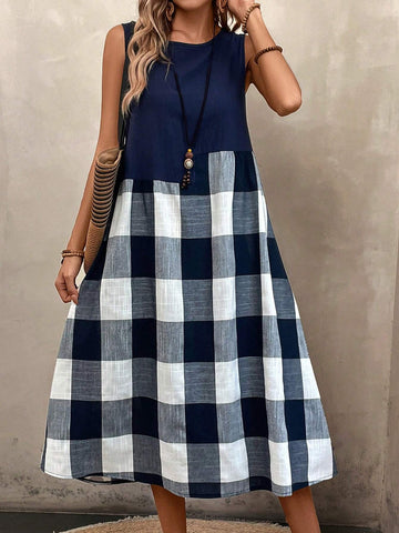 Comfortable Sleeveless Cotton & Linen Grid Artistic Vintage Style Patchwork Casual Dress