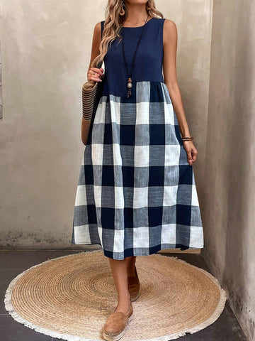 Comfortable Sleeveless Cotton & Linen Grid Artistic Vintage Style Patchwork Casual Dress