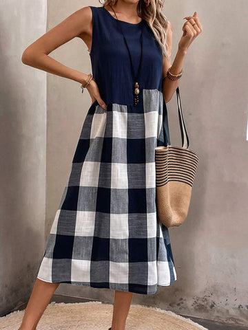 Comfortable Sleeveless Cotton & Linen Grid Artistic Vintage Style Patchwork Casual Dress
