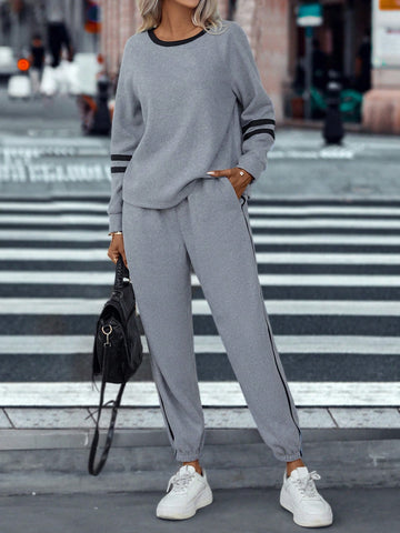 Contrast Binding Sweatshirt & Drawstring Waist Sweatpants
