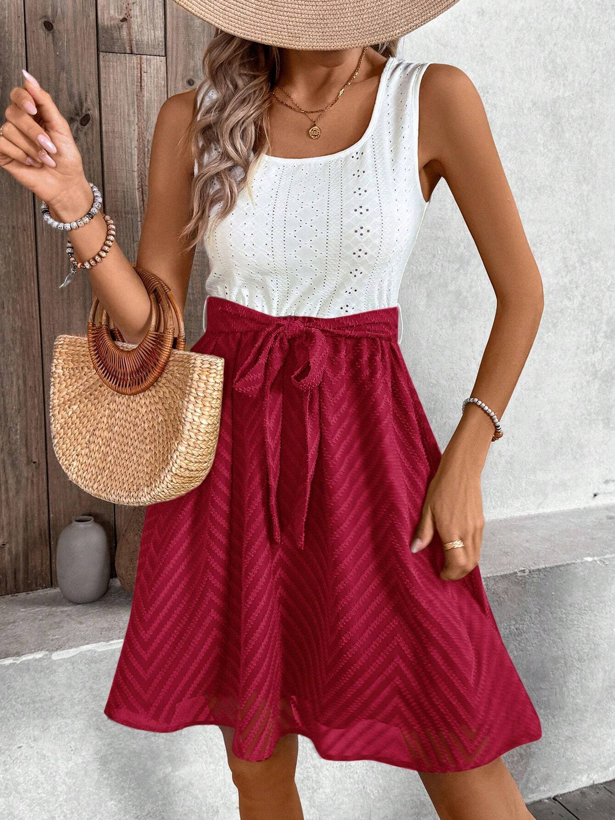 Contrast Color Waist A-Line Short Dress