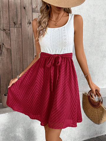 Contrast Color Waist A-Line Short Dress