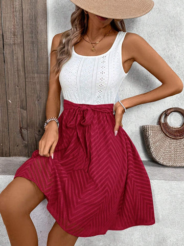 Contrast Color Waist A-Line Short Dress