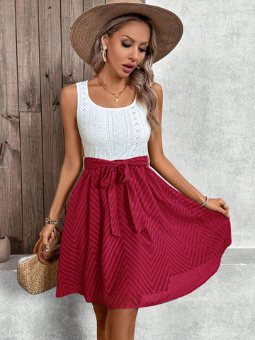 Contrast Color Waist A-Line Short Dress