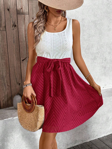 Contrast Color Waist A-Line Short Dress