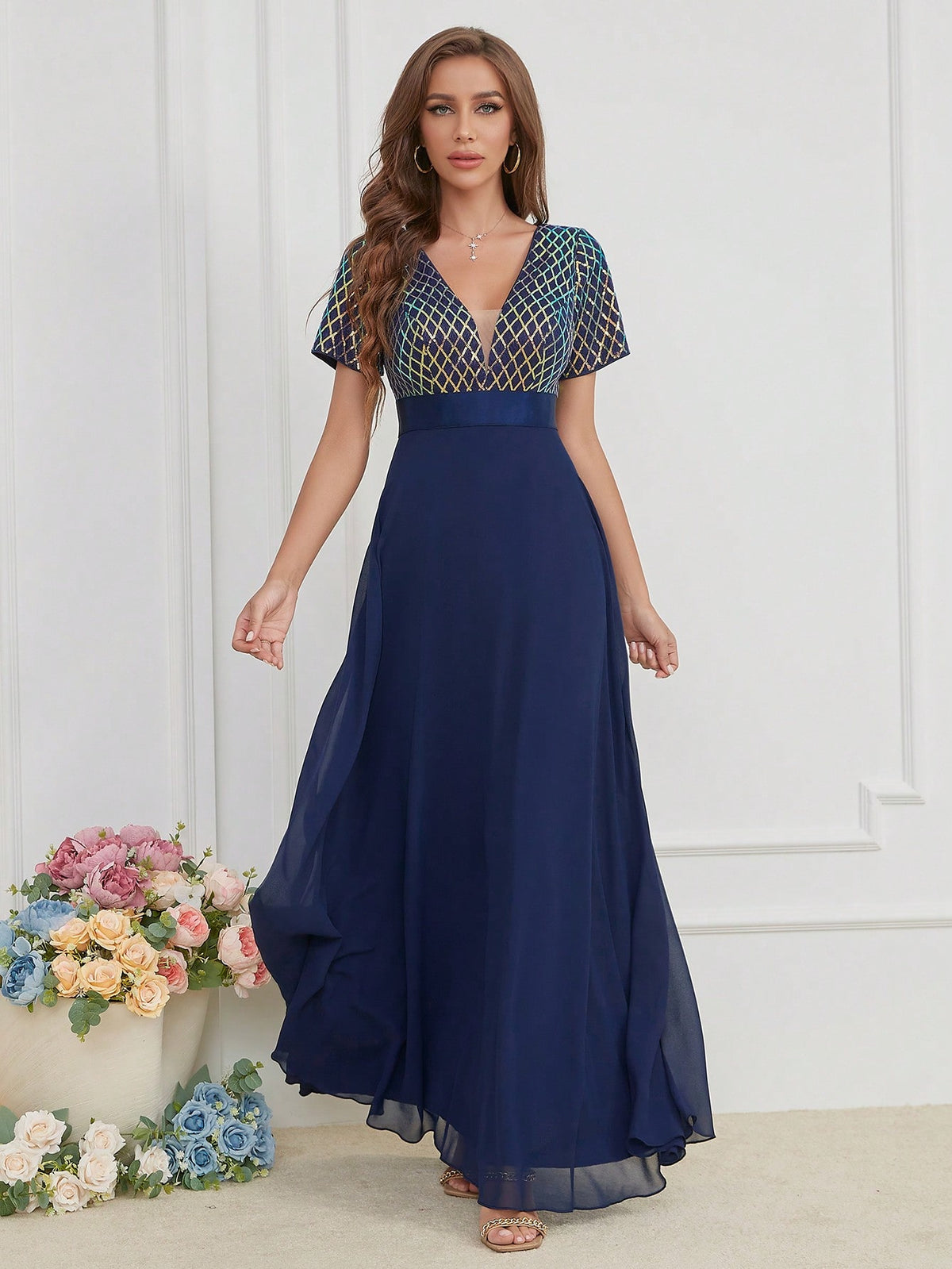 LUNE Contrast Sequin Mesh Panel Chiffon Party Dress