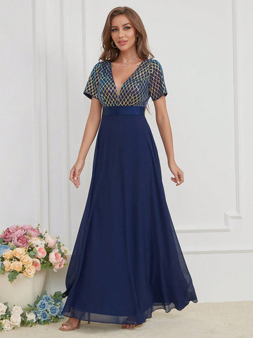 LUNE Contrast Sequin Mesh Panel Chiffon Party Dress