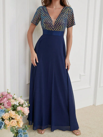 LUNE Contrast Sequin Mesh Panel Chiffon Party Dress