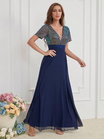LUNE Contrast Sequin Mesh Panel Chiffon Party Dress